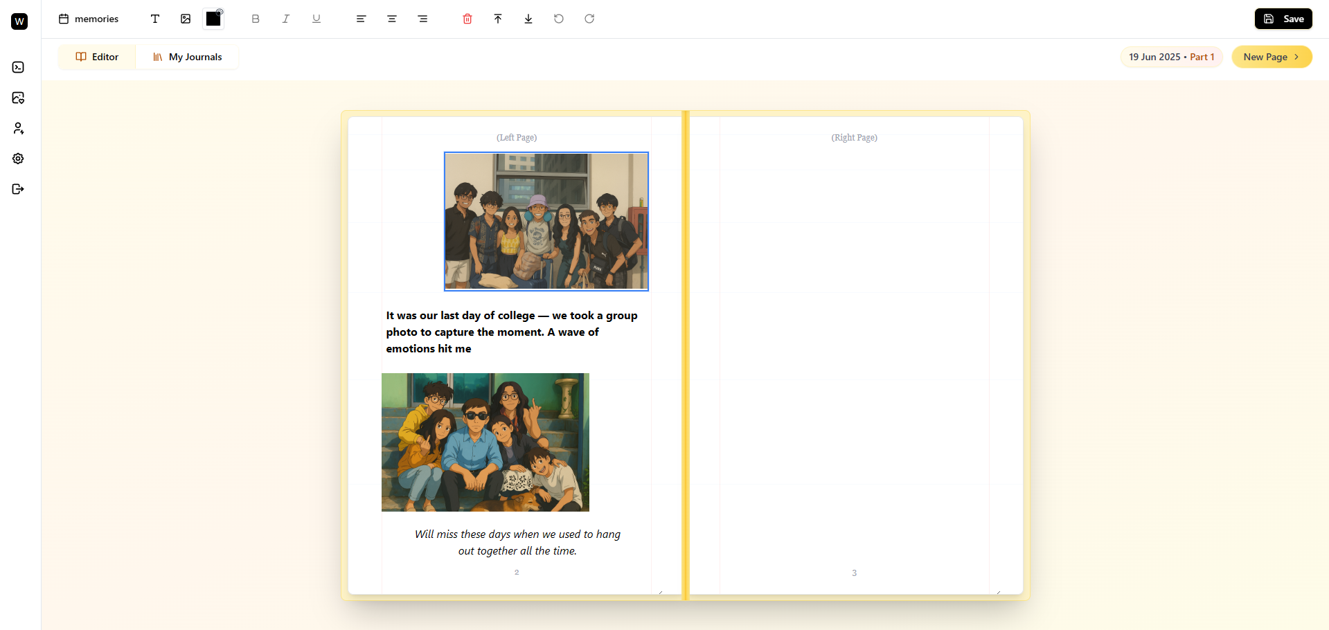 Memory journal interface showing photos and journal entries