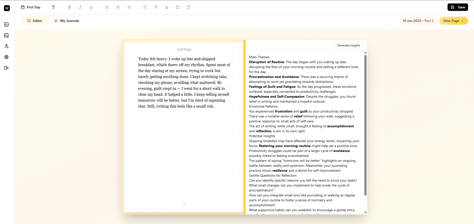 Personal journaling interface with insights panel